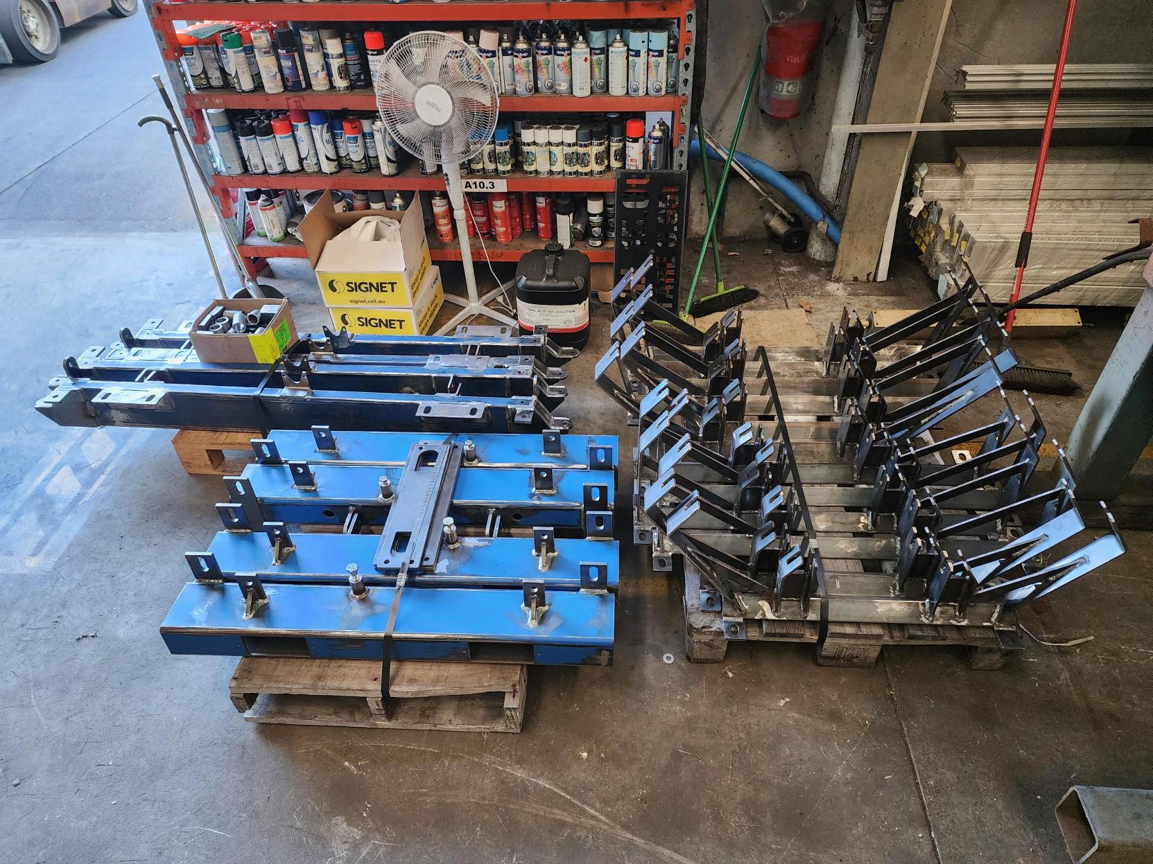 Batch of fabricated frames and steel components