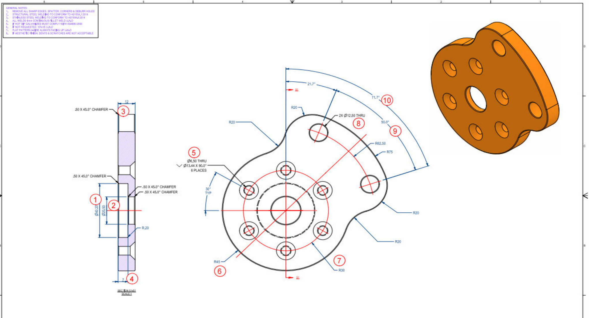 Face plate drawing with numbered inspection balloons corresponding to the measurement table below